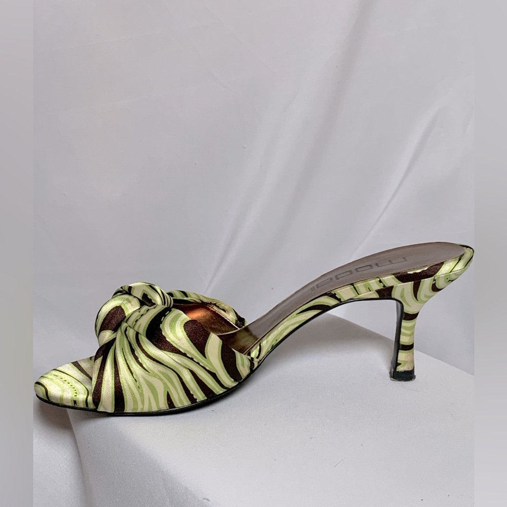 Moda size 7.5 heel/mule. 2 1/2” heel.  Green/brown fabric.
